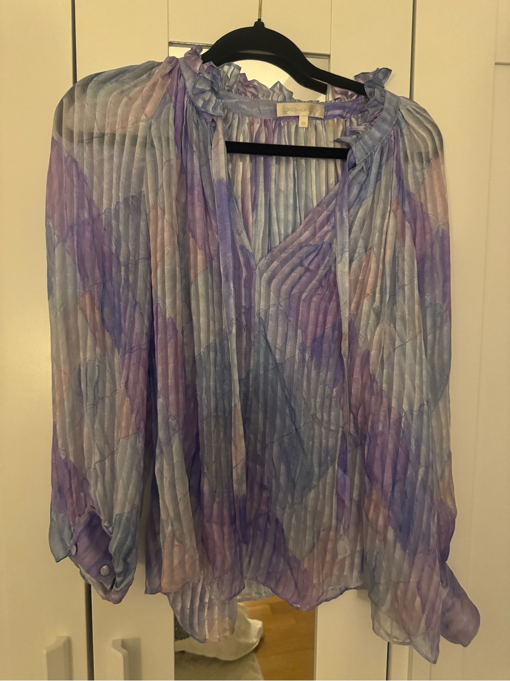 LoveShackFancy Sheer Pleated Lavender and Pale Blue Ruffle-Neck Blouse